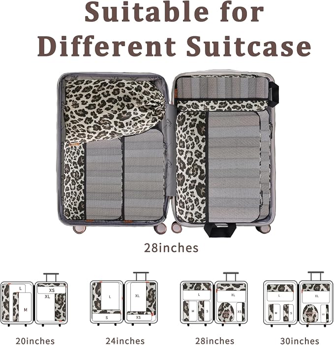 U+U 6 Set Compression Packing Cubes - Travel Organizers with Laundry Bag, Space-Saving Suitcase Organizer, Expandable Packing Organizers for Travel Essentials (Leopard) - Image 7