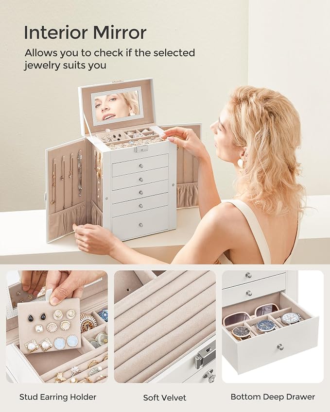 SONGMICS Jewelry Box Organizer, 6-Layer with 5 Drawers, White | Jewelry Storage Case with Lock and Mirror, Large Storage Capacity, for Necklaces, Watches, Gift for Loved Ones UJBC152W01 - Image 5