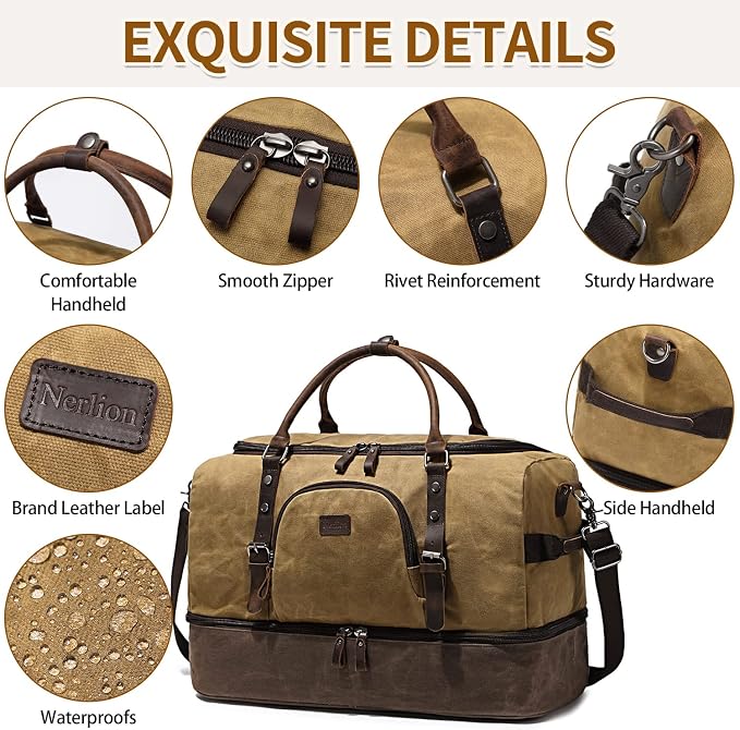 Nerlion Weekender Bag with Shoe Compartment Large Overnight Bag for Men Canvas Genuine Leather Carry on Luggage Bag Travel Duffel Bag(Brown) - Image 6