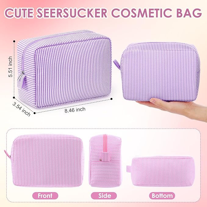 Sanwuta 6 Seersucker Cosmetic Bag Bulk Striped Makeup Bag for Women Aesthetic Cute Travel Toiletry Organizer Preppy Storage Pouch for Wedding Bridesmaid Mother's Day Teacher Gift (Large,Macaron Color) - Image 2