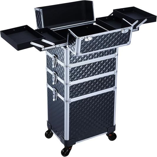 Faquenc Rolling Makeup Case with Wheels Professional 4 in 1 Cosmetic Train Case and Cosmetology Cart Trunk for Makeup Artists Hairstylists Nail Techs and Salons Large Storage Capacity, Black by Faquenc