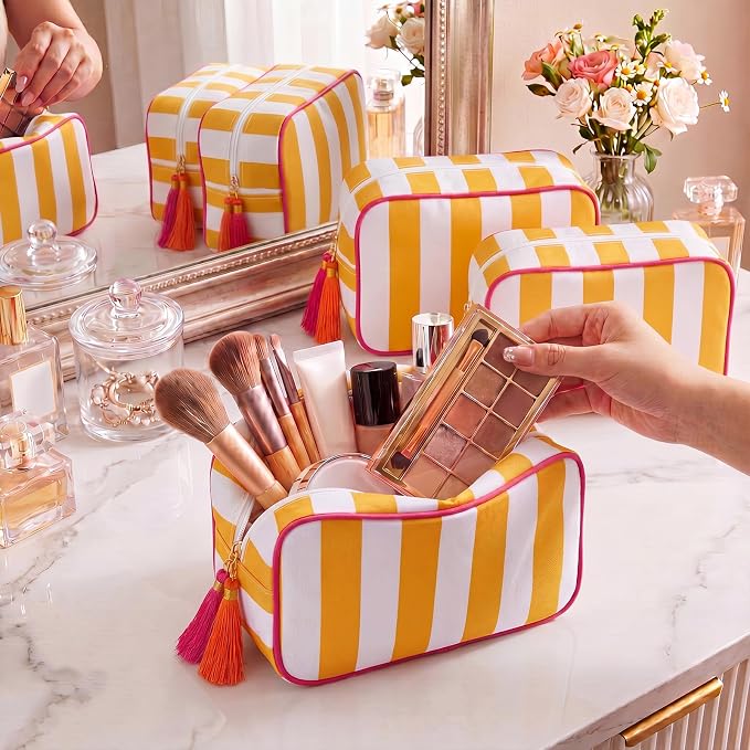 Kacctyen 6 Pack Orange and White Striped Makeup Bag bulk with Tassel Travel Cosmetic Pouch Organizer Large Zipper Toiletry Case for Women Aesthetic Storage Pouch Mahjong Tile Bag - Image 3