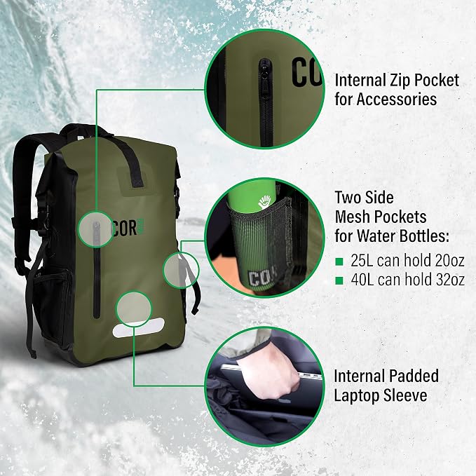 COR Surf Waterproof Backpack with Laptop Sleeve | Heavy Duty Hiking, Kayak Dry Bag Backpack | Roll-Top Closure (40L Camo) - Image 3