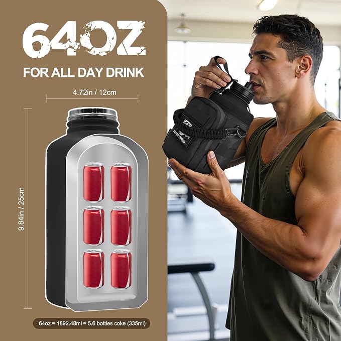 NATURE PIONEOR 64 oz Tactical Water Bottle with MOLLE Bottle Pouch & 3 Lids | 18/8 Food-grade Stainless Steel, Double Vacuum Insulation, 3 Leak-proof Lids, Handle, Strap, Camping, Hiking, Gym, Work - Image 6