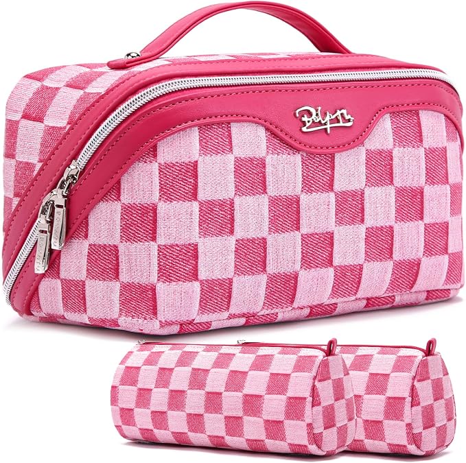BOYATU Travel Makeup Bag for Women: Large Cosmetic Bag Set of 3 - PU Leather Make up Bag with Compartments - Compact Waterproof Toiletry Bag with Divider & Handle (D-4-Red) by BOYATU