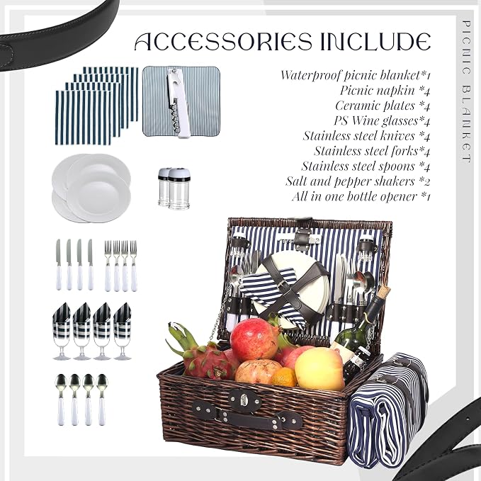 Picnic Basket Set for 4 with Waterproof Blanket Mat Insulation Bag Wicker Navy Blue Vintage Classic Gift for Christmas Thanksgiving Wedding Birthday Camp Outdoor Beach Travel - Image 4