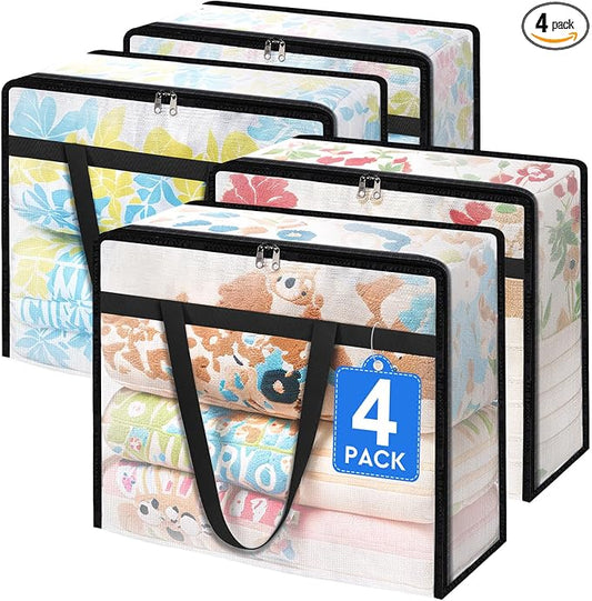 TasticTotes 4 Pack Clear Storage Bags for Comforter, Clothes & Bedding, Plastic Blanket Storage with Zipper and Handle, Moving Bags, Closet Organizer and Under-Bed Storage (90L) by Unknown