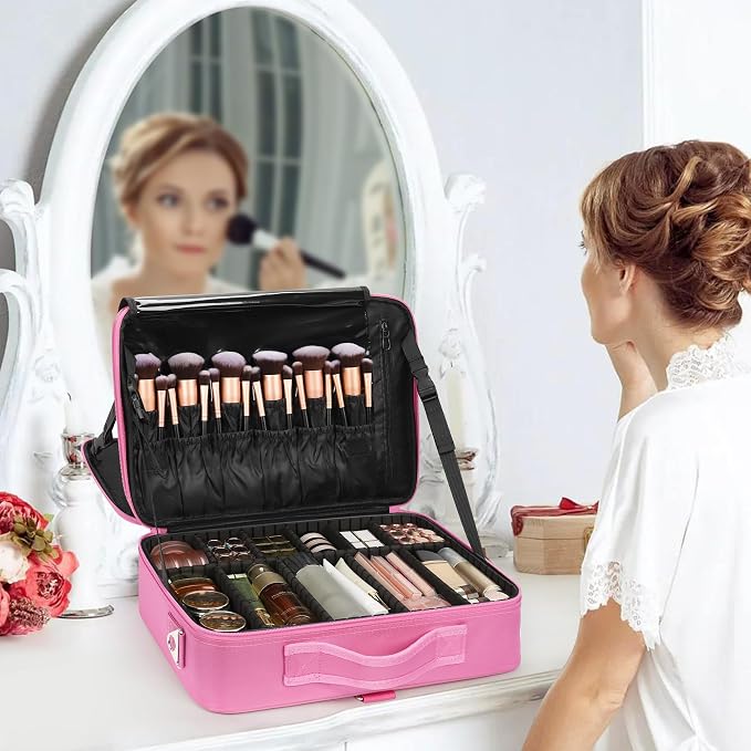 Relavel Makeup Case Large Makeup Bag Professional Train Case Travel Cosmetic Organizer Brush Holder Waterproof Makeup Artist Storage Box, 3 Layer Large Capacity, with Adjustable Strap, Rose Pink - Image 7