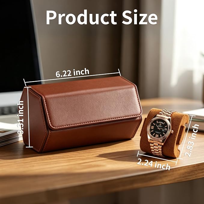 2-Slot Hexagon Leather Watch Roll Travel Case for Men, Brown | Multiple Watch Capacity,Premium Hexagon Leather,Velvet M-Shaped Cushions,Secure Snap Closure,Storage Organizer - Image 4