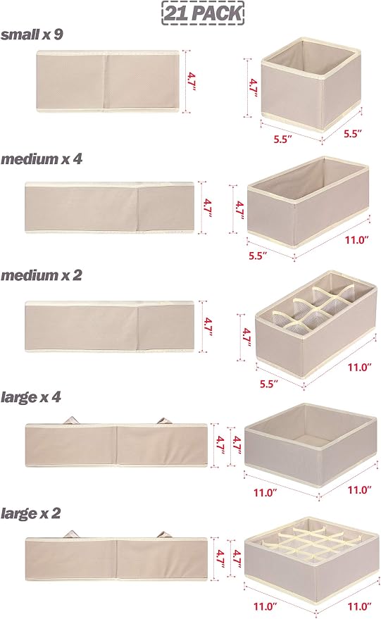 TENABORT 21 Pack Foldable Drawer Organizer Dividers Cloth Storage Box Closet Dresser Organizer Cube Fabric Containers Basket Bins for Underwear Bras Socks Panties Lingeries Nursery Baby Clothes Beige - Image 2