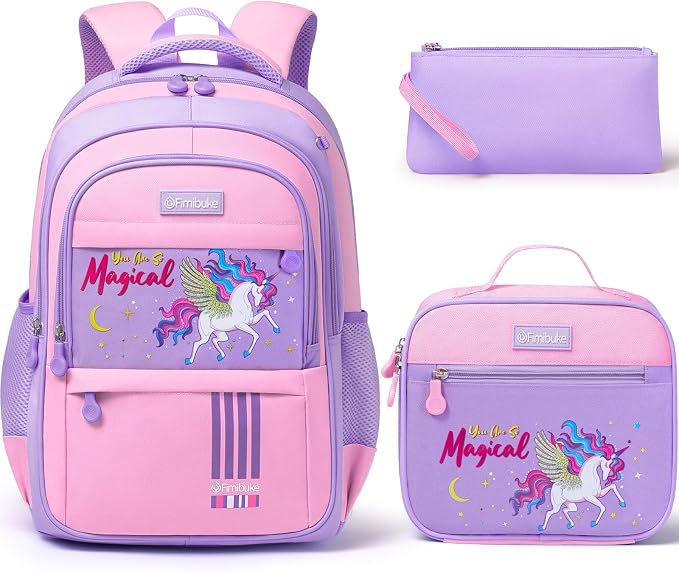 Fimibuke Kids Backpack for School Girls - 3 PCS Waterproof Teen Girl Backpack with Lunch Box & Pencil Pouch Set, School Bag Bookbag Daypack for Kindergarten Elementary Middle School, Age 5+(Unicorn) by Fimibuke