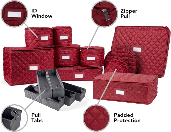 Covermates Keepsakes Dish Storage Set – Padded China & Dinnerware Storage Cases with Dividers, Cup & Stemware Storage, Quilted Polyester Protection, ID Window, Red - Image 5