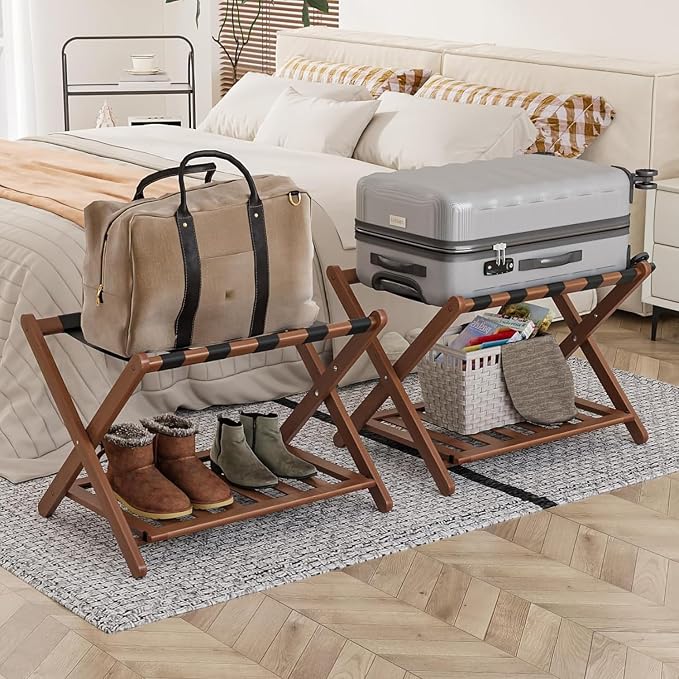 Smart FENDEE Fully Assembled Walnut Luggage Racks Set of 2, Foldable Suitcase Stand with Storage Shelf, Bamboo Luggage Holders for Guest Room, Bedroom, Hotel by SmartFENDEE