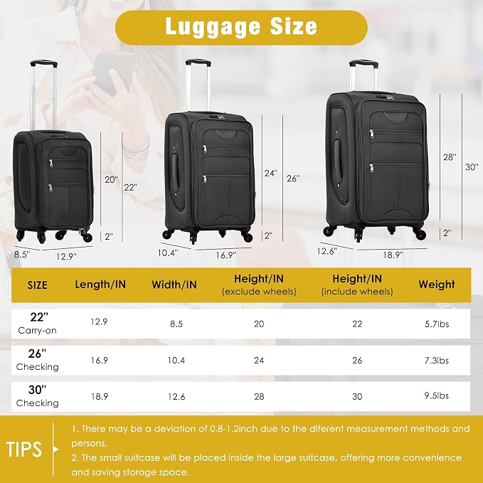 Merax Softside Luggage Set Lightweight 3 Piece Suitcase with Duffel Bag | Expandable Upright Travel Spinner Luggage 22" 26" 30",Black - Image 2