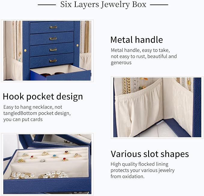 AKOZLIN 6-Tier Jewelry Box Organizer Functional 5 Drawers Leather Jewelry Storage Case for Women Girls Ring Necklace Earring Bracelet Holder Organizer with Mirror Blue Large - Image 5