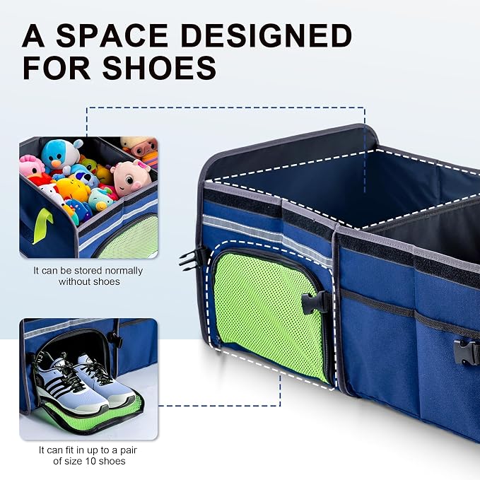 SugarFox Bold Color Block Trunk Organizer | 95L, 35"x13.8"x11.8" | Dedicated Shoe Storage & 26L Ice Pack | Foldable for SUV/Car/Jeep | Car Accessories for Men & Women - Blue-X212 - Image 3