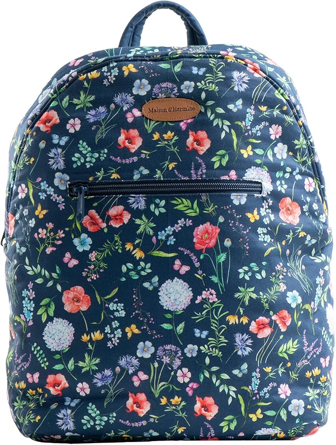 Maison d' Hermine Backpack for Women Men Cotton Shoulder Multipurpose Rucksack with Small Pouch Lightweight Multi Pocket Bag for Travel Work Beach Perfect for Spring Summer (Just Floral - Blue) by MaisondHermine