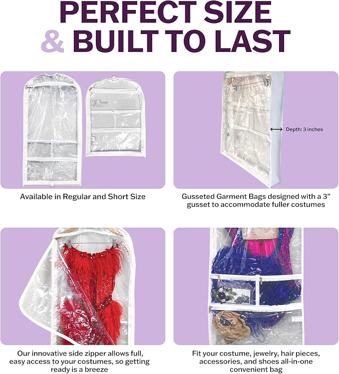 Clear Garment Bags for Dance Costumes 3-Pack, Gusseted, Short-Size, Side Zipper Entry, Storage Pockets for Accessories, 24”x18”x2”, Dream Duffel - Image 5