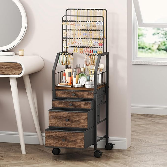 SWTYMIKI Jewelry Organizers and Storage- Multifunctional Stand Jewelry Organizer Cabinet for Necklace, Earring, Ring & Bracelet - Jewelry Box Necklace Holder with 4 Nonwoven Drawers & Wheel Espresso by SwtyMiki-TidyHomeSweetLife