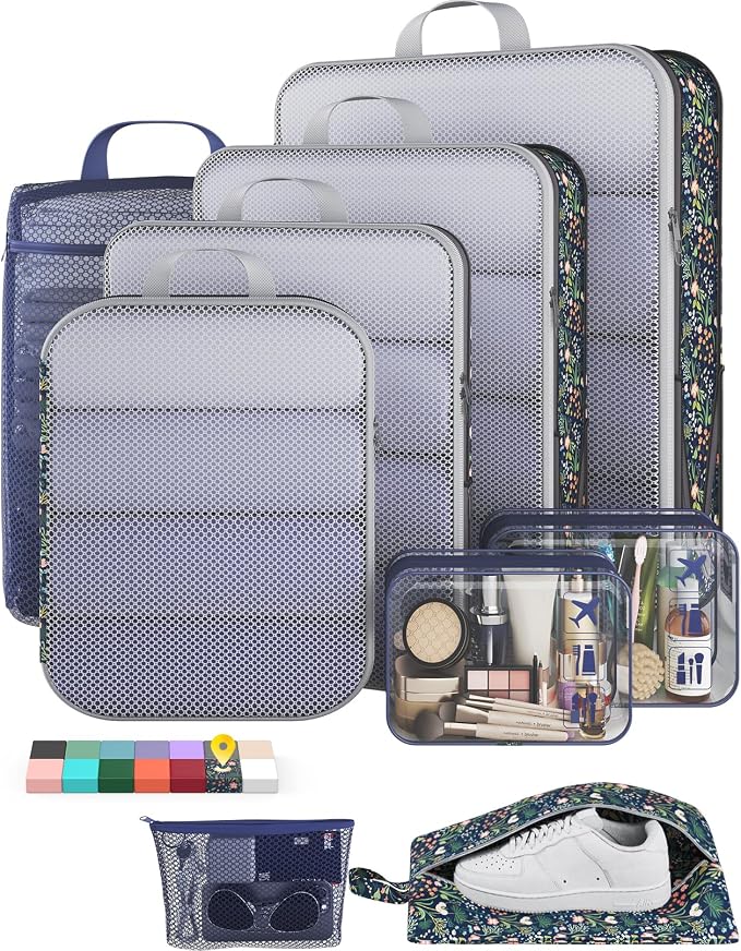 Veken 9/11 Set Compression Packing Cubes for Travel Essentials,Compressible Expandable Luggage Organizer Bags with Garment Bag,Space Saver Bags with Over 1000 pcs of Mesh Holes(Dark Blue Floral) by Veken