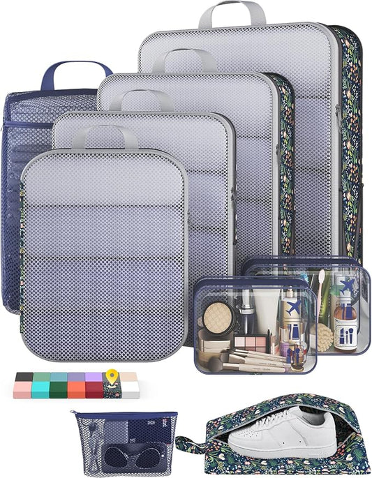 Veken 9/11 Set Compression Packing Cubes for Travel Essentials,Compressible Expandable Luggage Organizer Bags with Garment Bag,Space Saver Bags with Over 1000 pcs of Mesh Holes(Dark Blue Floral) by Veken