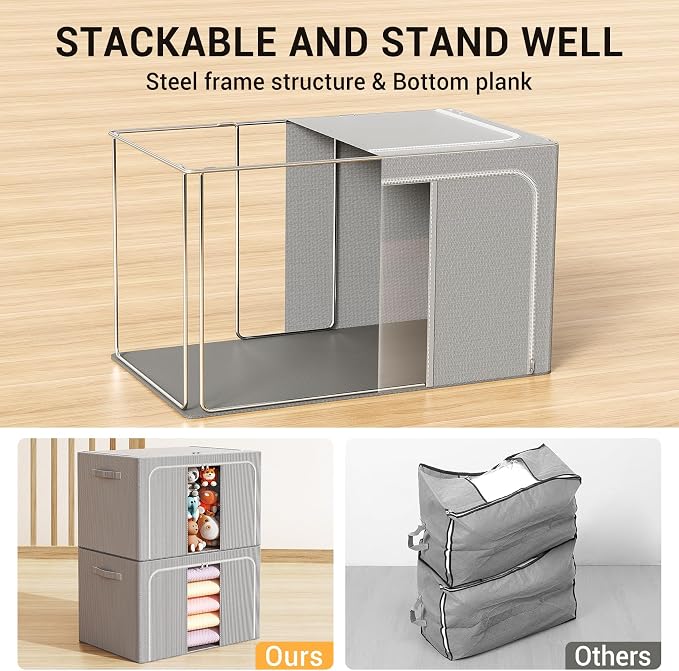 Clothes Storage Bins with Metal Frame Foldable Storage Box Clothes Organizers Storage Containers for Clothes Sheets Blankets Books Toys Gifts and Holiday Decorations (66Lx3 Pack) - Image 2