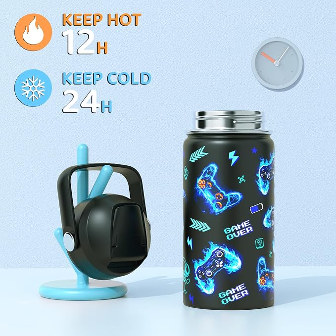Bevalsa Kids Backpack for Boys with 14oz Insulated Bottle, Gamer Backpack School Bags for Kids & BPA-FREE Stainless Steel Metal Bottle with Straw Lid for Elementary Middle School Student (Blue Flame) - Image 4