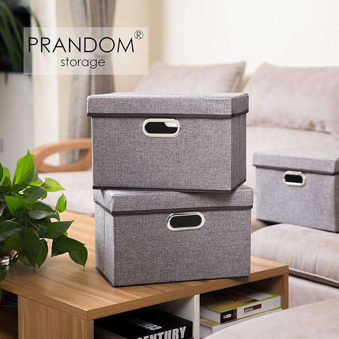 PRANDOM Foldable Storage Boxes with Lids [3-Pack] Linen Fabric Collapsible Storage Bins Organizer Containers Baskets Cube with Cover for Home Bedroom Closet Office Nursery (14.9x9.8x9.8) - Image 2