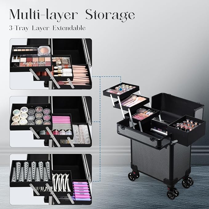 Rolling Makeup Case, Cosmetology Case on Wheels Professional Vanity Case with Trays for Women Large Travel Makeup Box Organizer Trolley with Key, Ashy Grey - Image 4