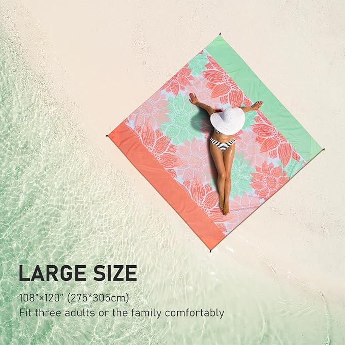 WIWIGO Beach Blanket Sandproof Extra Large Beach Mat Adults Waterproof Quick Drying Sand Free Mat Made by Premium Polyester with 4 Stakes & 4 Corner Pockets for Outdoor Travel Camping Hiking - Image 6