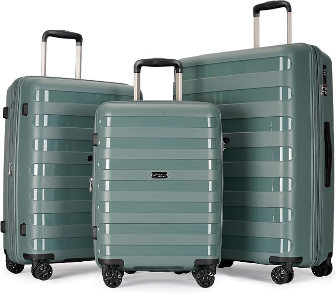 GinzaTravel PP material 3-piece expandable luggage sets with Spinner Wheels， Suitcase with TSA Lock，Large Luggage for Family Travel carry on 20/24/28，Dark green color by GinzaTravel