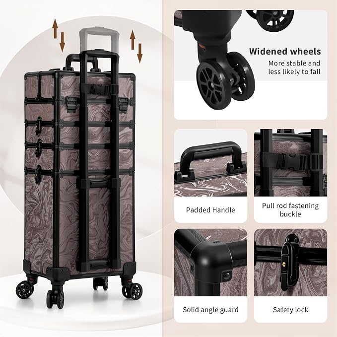 Rolling Makeup Train Case with Lid Cosmetology Case on Wheels | 5 in 1 Large Cosmetic Trolley Organizer Travel for Hairstylist Artist Nail Beauty Salon Barber Cart Trunk, Brown Ink - Image 5