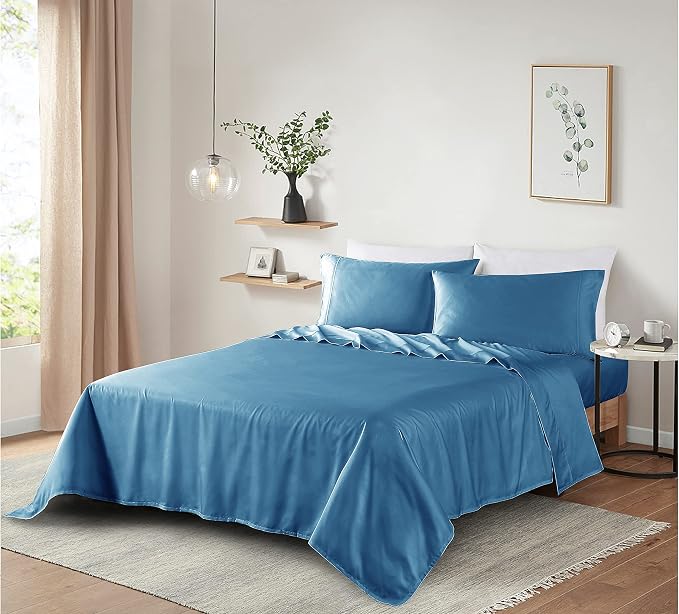 100% Supima Cotton Sheets 600 Thread Count,Bed Sheet Set King Sheets 4 Pieces, Soft & Silky Sateen Weave, Fits Mattress Up to 18'',Deep Pocket, Breathable & Fade Resistant (Peacock Blue, King) - Image 6