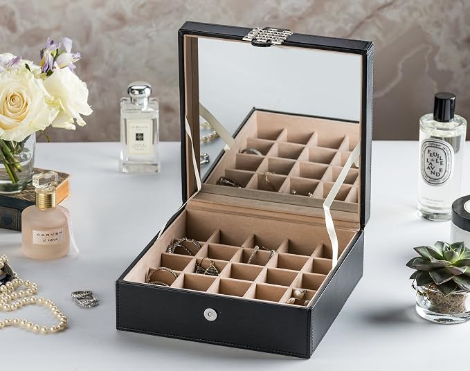 Glenor Co Earring Organizer - Classic 50 Section Jewelry Box/Case/Holder for Earrings, Rings, Necklaces, Jewelry, Cufflinks or Collections -2 Layer Small Compartments with Large Mirror - Black - Image 4