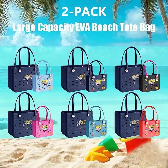 2-Pack Beach Bags Medium & Small,Waterproof Sandproof Rubber Tote Set for Women Men, Vacation Pool Boat Essentials - Image 4