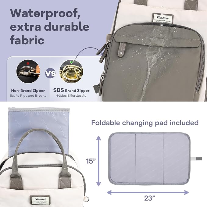 RUVALINO Diaper Bag Backpack-Multifunction Baby Travel Bag with Changing pad, Insulated Bottle Holders & Pacifier Case, Large Capacity, Waterproof, Cream & Taupe - Image 6