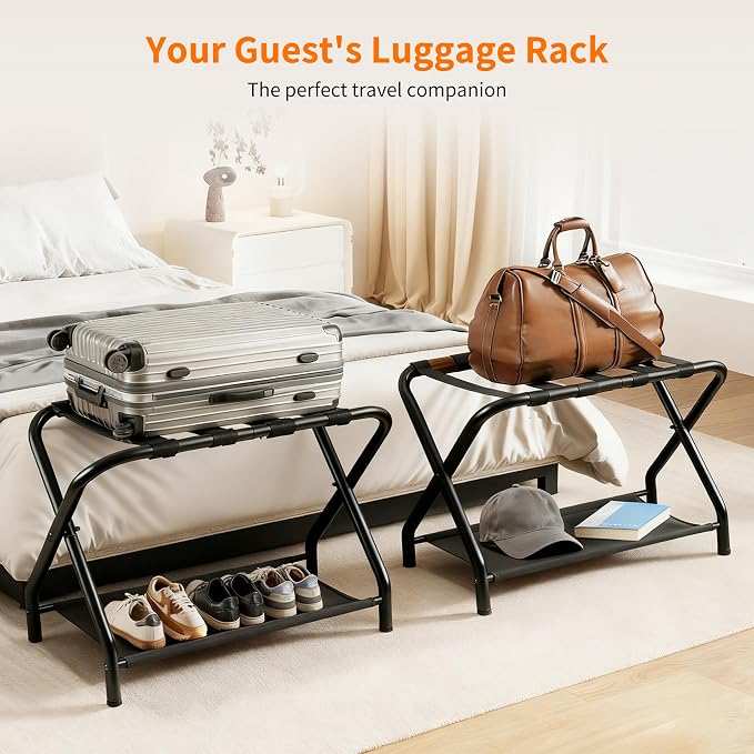 Heybly Luggage Rack for Guest Room, Pack of 2, Steel Folding Suitcase Stand with Storage Shelf for Bedroom, Hotel, Foldable Steel Frame, Guest Room 26.2" L x 14.4" W x 20.5" H, Black HLR004B2 - Image 2