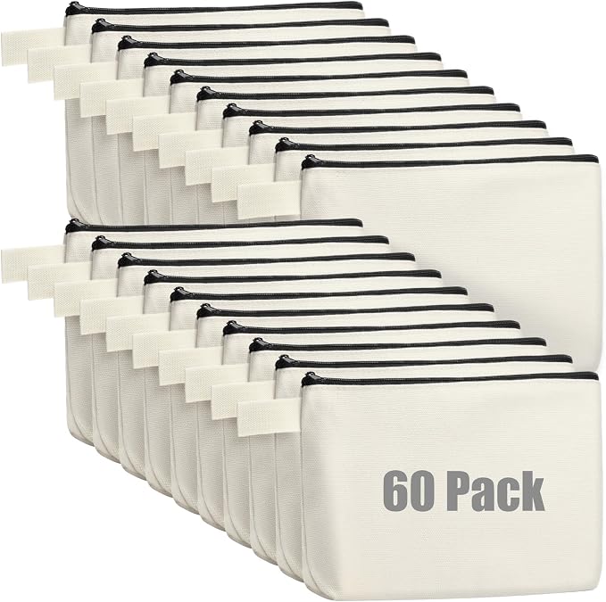Reginary 60 Pcs Cream Canvas Makeup Bag Bulk Portable Travel Cosmetic Pouch Versatile Blank Toiletry Bag with Zipper for Women DIY Craft Purse Pencil Case (8.6 x 5 x 2 Inch) by Reginary