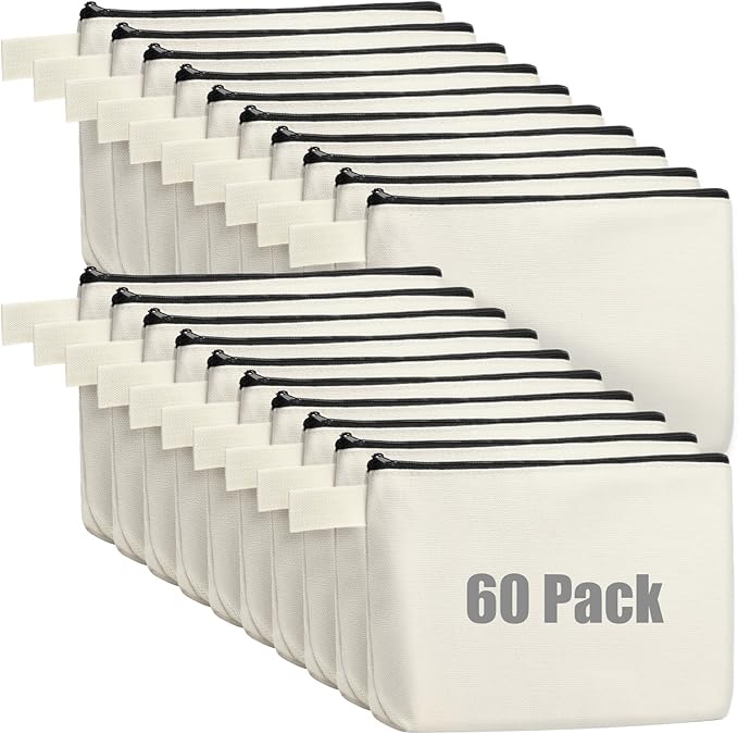Reginary 60 Pcs Cream Canvas Makeup Bag Bulk Portable Travel Cosmetic Pouch Versatile Blank Toiletry Bag with Zipper for Women DIY Craft Purse Pencil Case (9.8 x 5 x 2 Inch) by Reginary