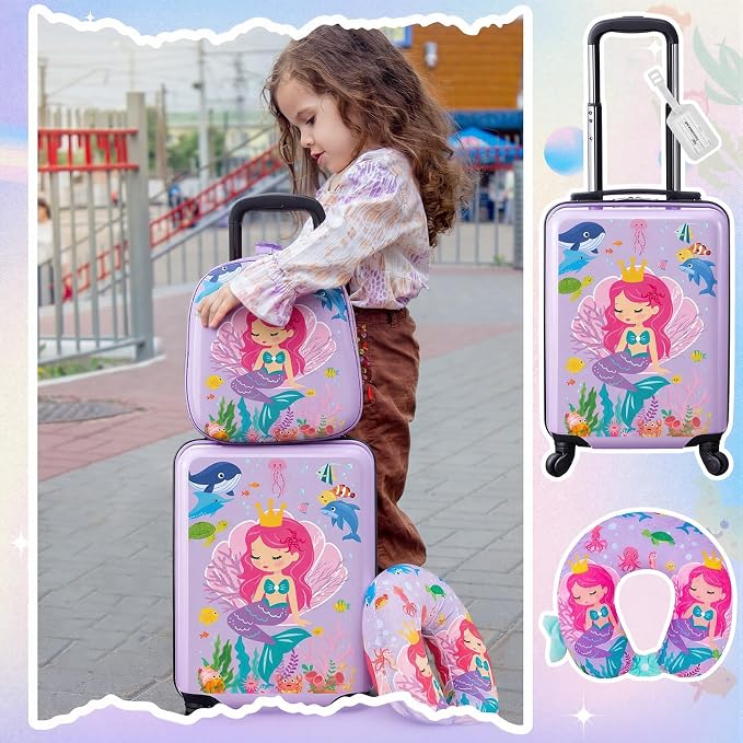 Sanwuta 4 Pcs Kids Luggage Set Back to School Gifts for Girls Boys Carry On Rolling Suitcase Backpack Neck Pillow Travel Set(18 Inch,Mermaid Style,Purple) - Image 7