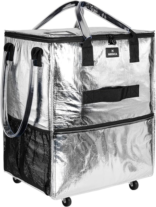 Reusable Grocery Bag On Wheels, 70L Foldable Rolling Tote, Heavy Duty Shopping Cart, 6 Pockets, Zippered Top, 3-Way Carry, Collapsible Portable Trolley for Camping Moving, Medium Silver by Unknown