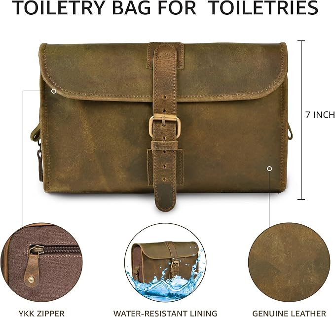 LEATHER VILLAGE Hanging Genuine Leather Toiletry Bag for Men & Women with Waterproof Lining – Handcrafted Vintage Travel Dopp Kit, Shaving Organizer & Shower Bathroom Essentials Case - Mud - Image 3