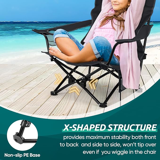 HaSteeL Folding Beach Chair Set of 2, Foldable Black Camping Chairs for Outside, Low Beach Chair Portable for Adults Fishing, Picnic, Outdoor BBQ, Travel, Sports, Cup Holder & Storage Bag - Image 5
