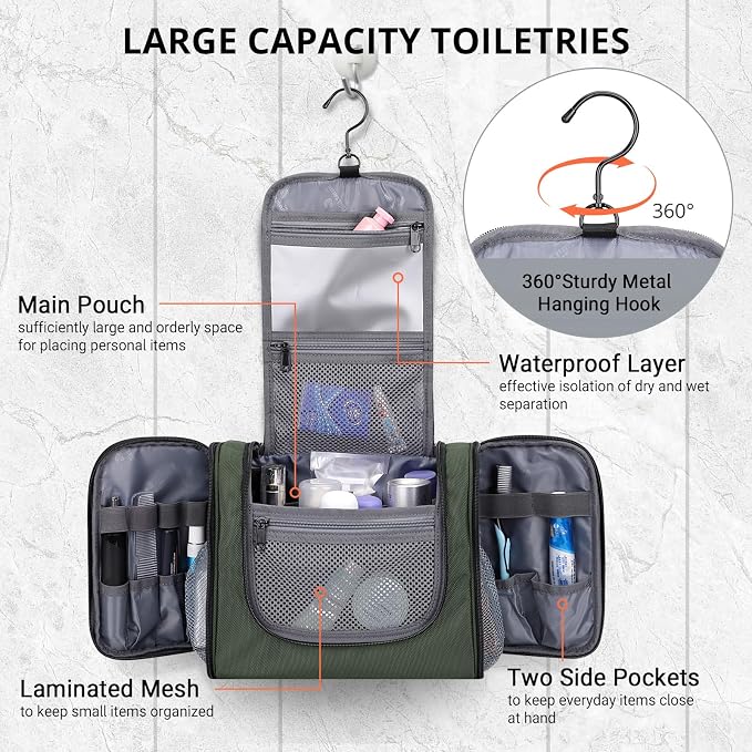WITZMAN Toiletry Bag for Men Nylon Hanging Water-resistant Shaving Dopp Kit | With Dry-wet Separation Pocket, Multi-pockets for Organized Storage, Lightweight, For Travel, Bathroom, B690 Army Green - Image 4