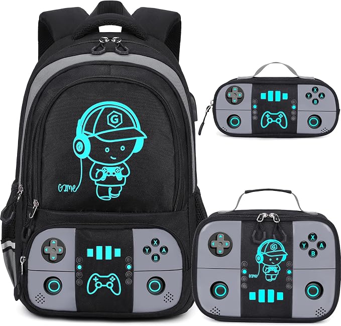 Bevalsa Backpack for School Boys, Cool Luminous Gamer Boys Schoolbag with Lunch Box & Pencil Case Set for Kids Teens Elementary Middle School, Bookbag Glow In The Dark(Black Backpack) by Bevalsa