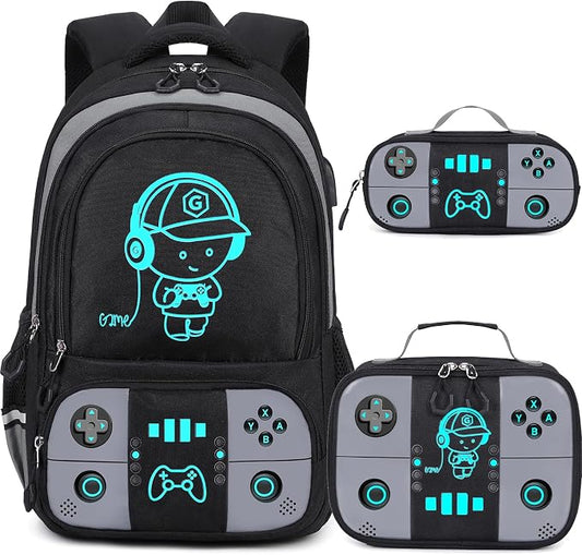 Bevalsa Backpack for School Boys, Cool Luminous Gamer Boys Schoolbag with Lunch Box & Pencil Case Set for Kids Teens Elementary Middle School, Bookbag Glow In The Dark(Black Backpack) by Bevalsa