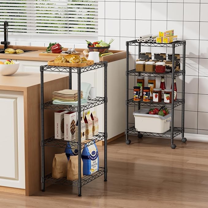 Golpart Small 4 Tier Shelves Storage Wire Shelving Unit Metal Shelf Adjustable Organizers Storage Shelving with Wheels for Bathroom Laundry Room Kitchen Pantry11.7”D x 17.7”W x 44.8”H Black - Image 2