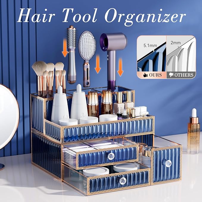 Youdepot Makeup Organizer Blue - Tempered Glass Vanity Organizer for Cosmetics, Skincare, Hair Tools, Brushes, Perfume - Multipurpose Bathroom Counter Skincare Organizer - Image 2