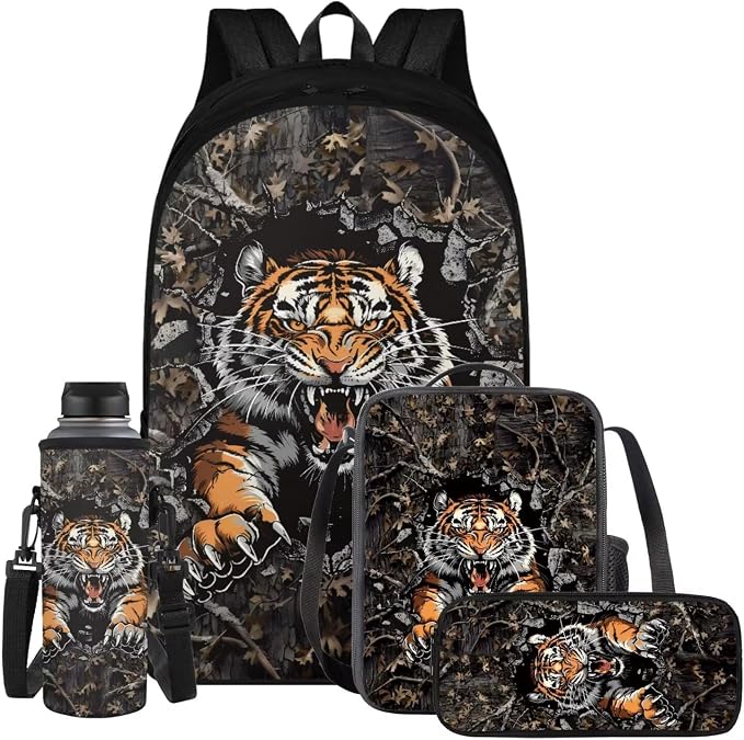 Tiger Camo Backpack for Boys Kids Backpack with Lunch Box Water Bottle Carrier with Strap and Pencil Case Pouch 4PCS Set Bookbag with Compartments for School 17 inch Large Capacity School Bag by ELEDIZI