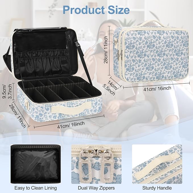 Relavel Makeup Case Large Makeup Bag Professional Train Case Travel Cosmetic Organizer Brush Holder Waterproof Makeup Artist Storage Box, 3 Layer Large Capacity, with Adjustable Strap, Floral Print - Image 6